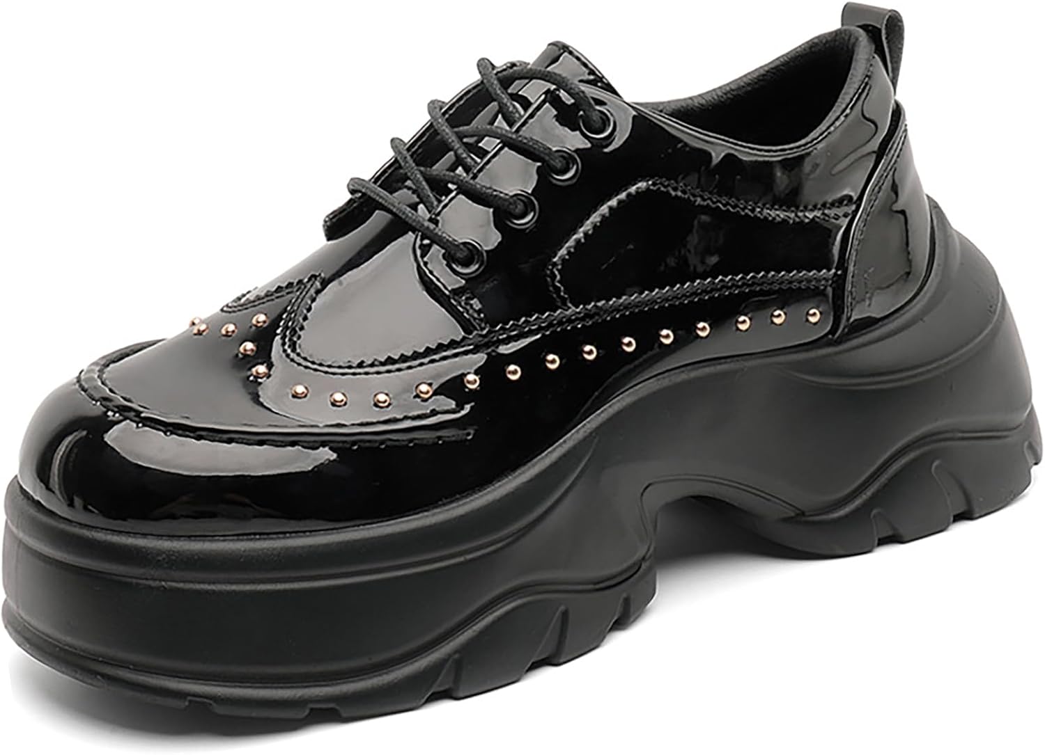 

Мужские оксфорды на платформе из лакированной кожи, классические с широким носком, с заклепками, толстой рифленой подошвой, шнуровкой, удобные деловые и повседневные дерби Qeosnbx, черный