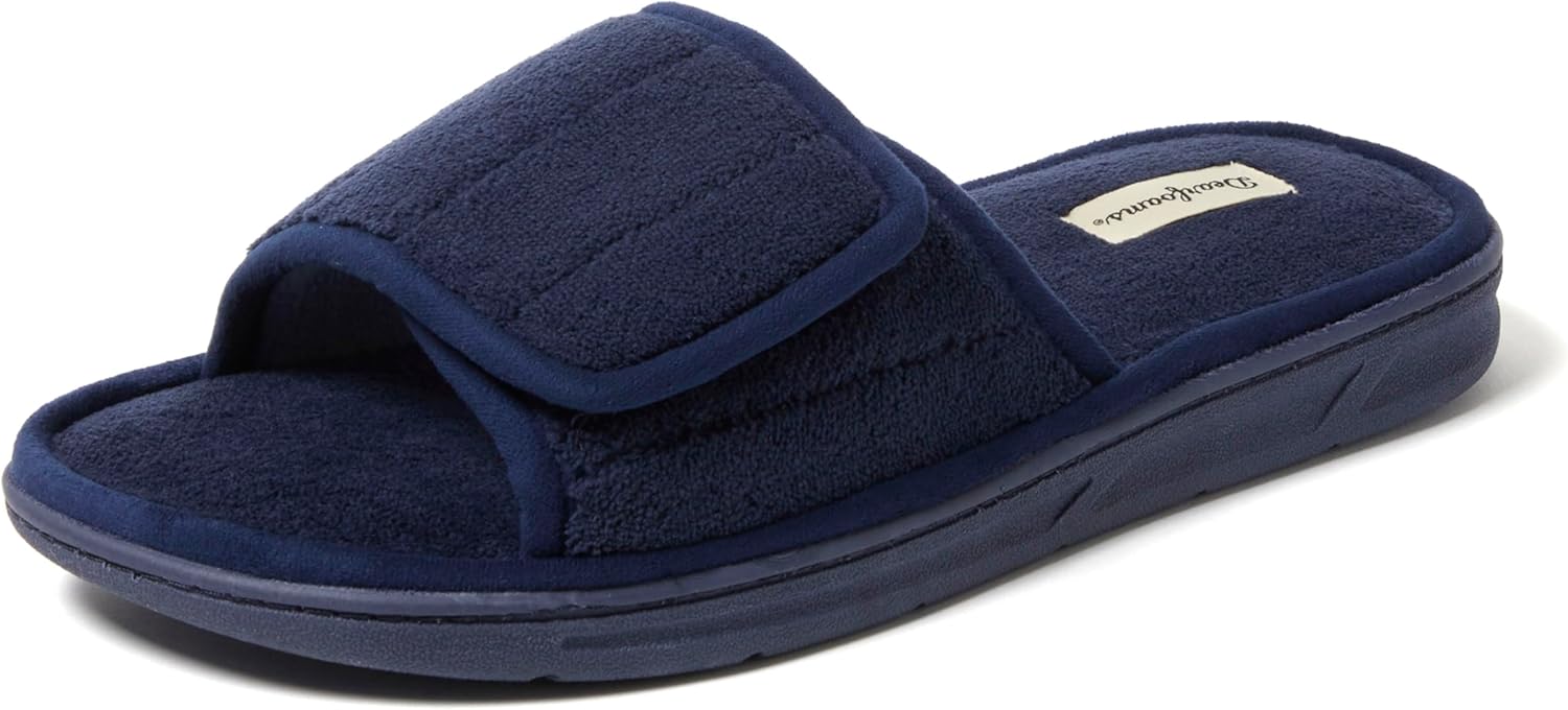 

Мужские шлепанцы Dearfoams с регулируемой посадкой для дома и улицы, с эффектом памяти, можно стирать в машине, летние, темно-синий