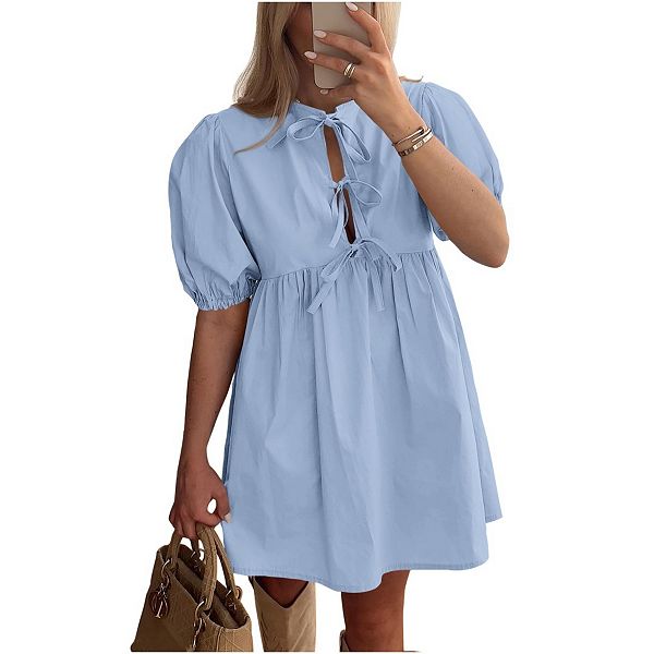 

Женское повседневное короткое платье с бантом и коротким рукавом Yesfashion, Blue