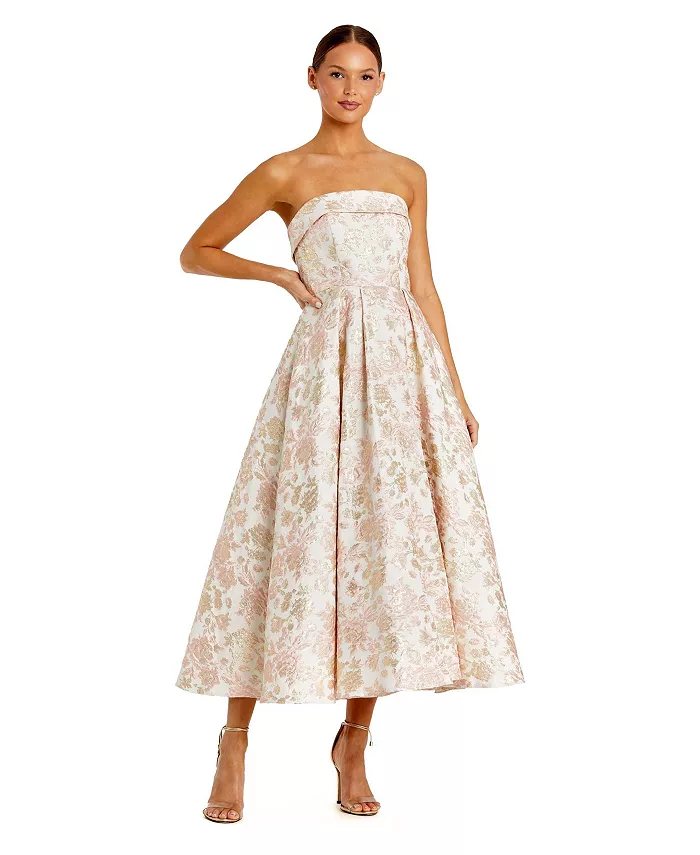 

Женское платье миди без бретелек из парчи с цветочным принтом А-силуэта Mac Duggal, розовый