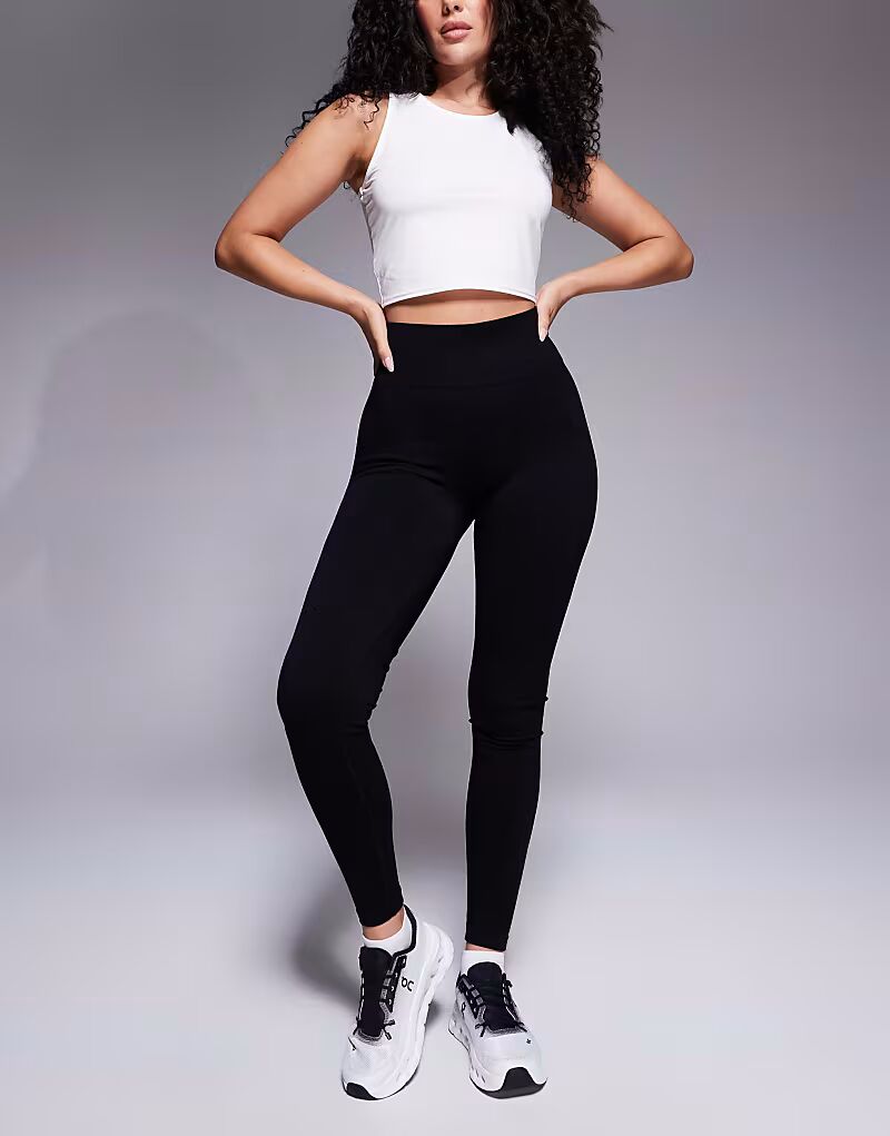 

Бесшовные спортивные леггинсы с высокой талией «песочные часы» черного цвета 4505