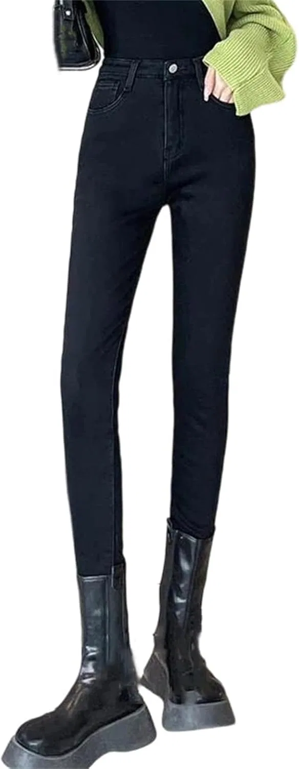 Джинсы прямые утепленные, Women's Winter Fleece Lined High Waist Straight Leg Jeans Warm Denim Trousers, Black