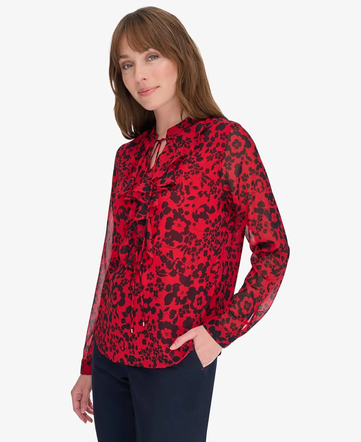 Блуза с воланами и цветочным принтом, Long Sleeve Ruffle V-Neck Blouse, Tommy Hilfiger, алый/темно-синий — фото 3