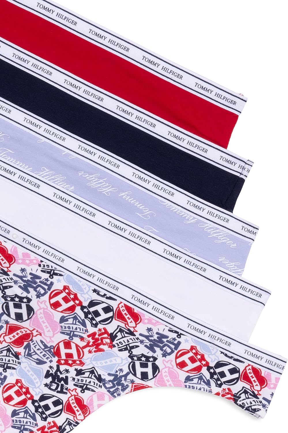 Женские классические хлопковые стринги Tommy Hilfiger с логотипом на поясе, упаковка 5 пар, Tattoo Elements Bright White/Bright White/Brunerra Blue Th Calligraphy/Heather Grey/Apple Red — фото 2