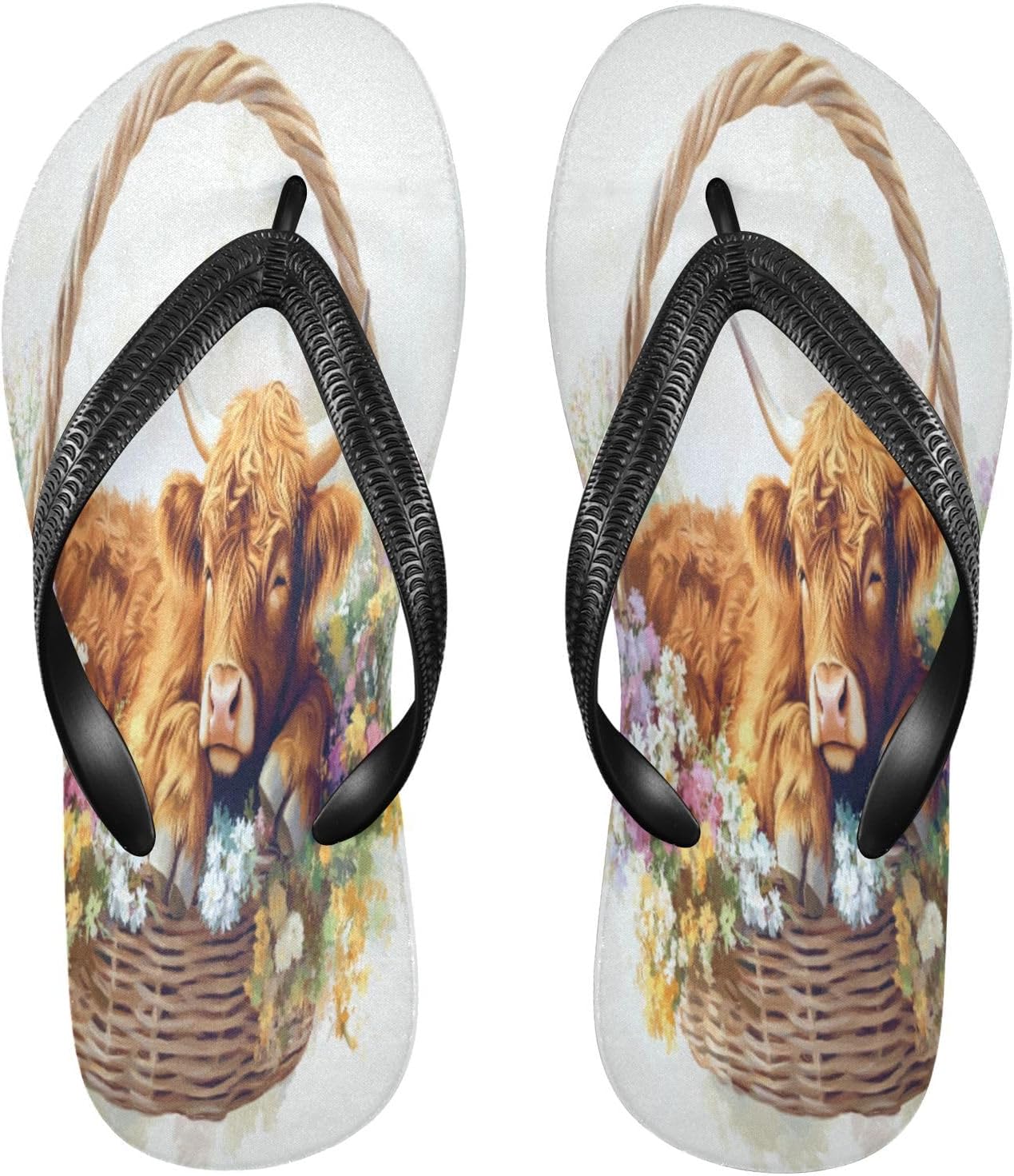 

Женские и мужские пляжные шлепанцы с ремешком между пальцев Cow Flower Basket бежевые, резиновые, нескользящие, летние тапочки для душа Sinestour