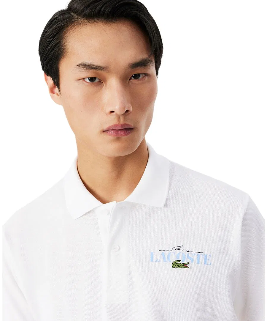 Рубашка-поло Lacoste Мужская Классическая с принтом, белый — фото 3