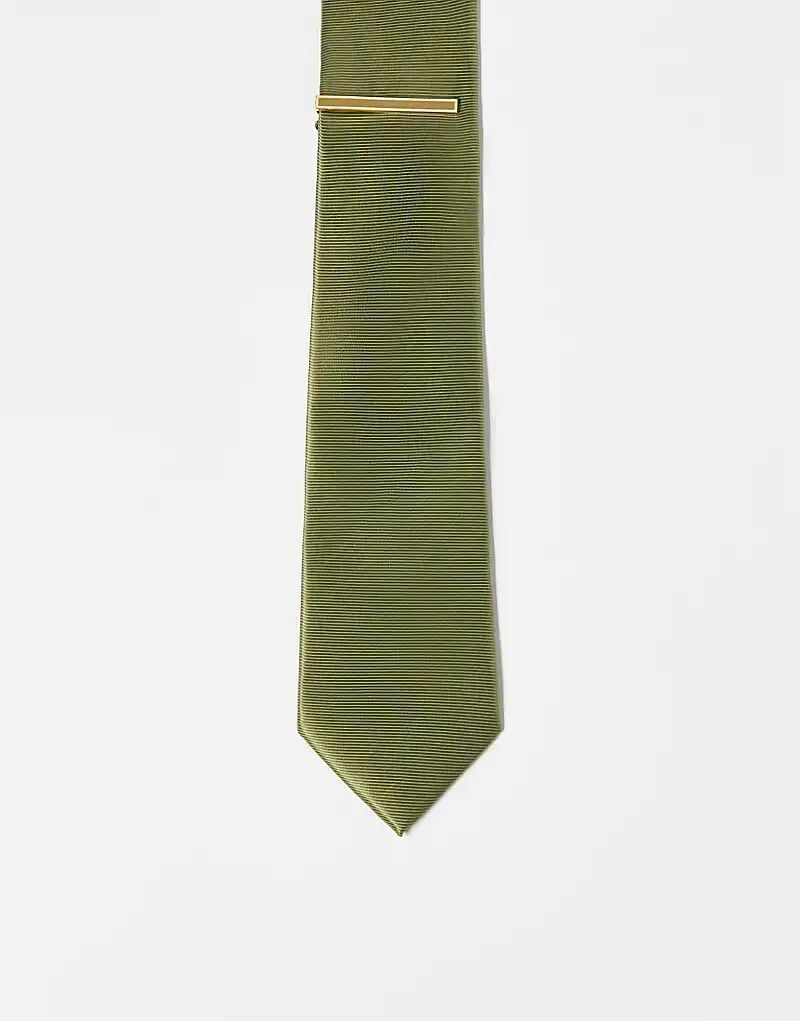 

Атласный галстук ASOS DESIGN зеленого цвета с зажимом для галстука