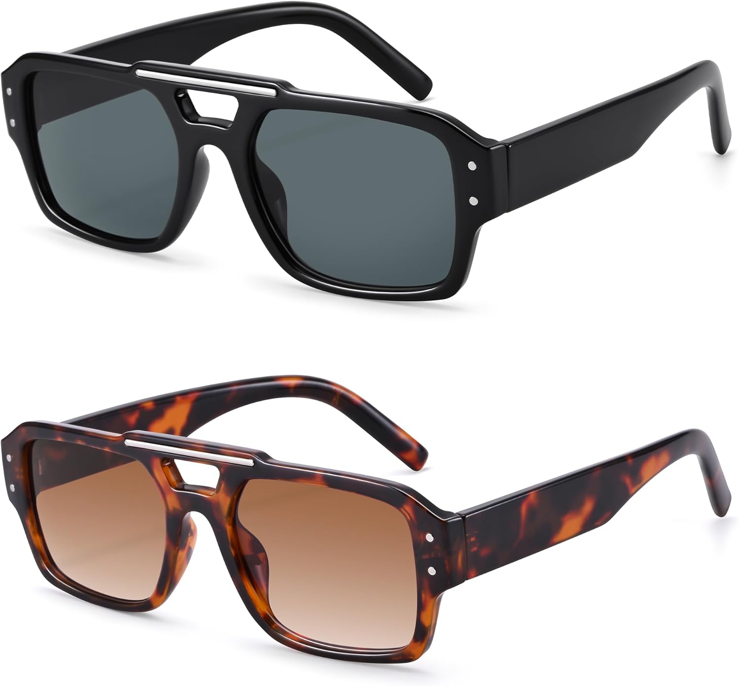 

Солнцезащитные очки Hycredi Retro Aviator для женщин и мужчин, модные квадратные очки в стиле 90-х, классические прямоугольные солнцезащитные очки в винтажном стиле 70-х, 2pack - Black/Gray + Leopard/Brown