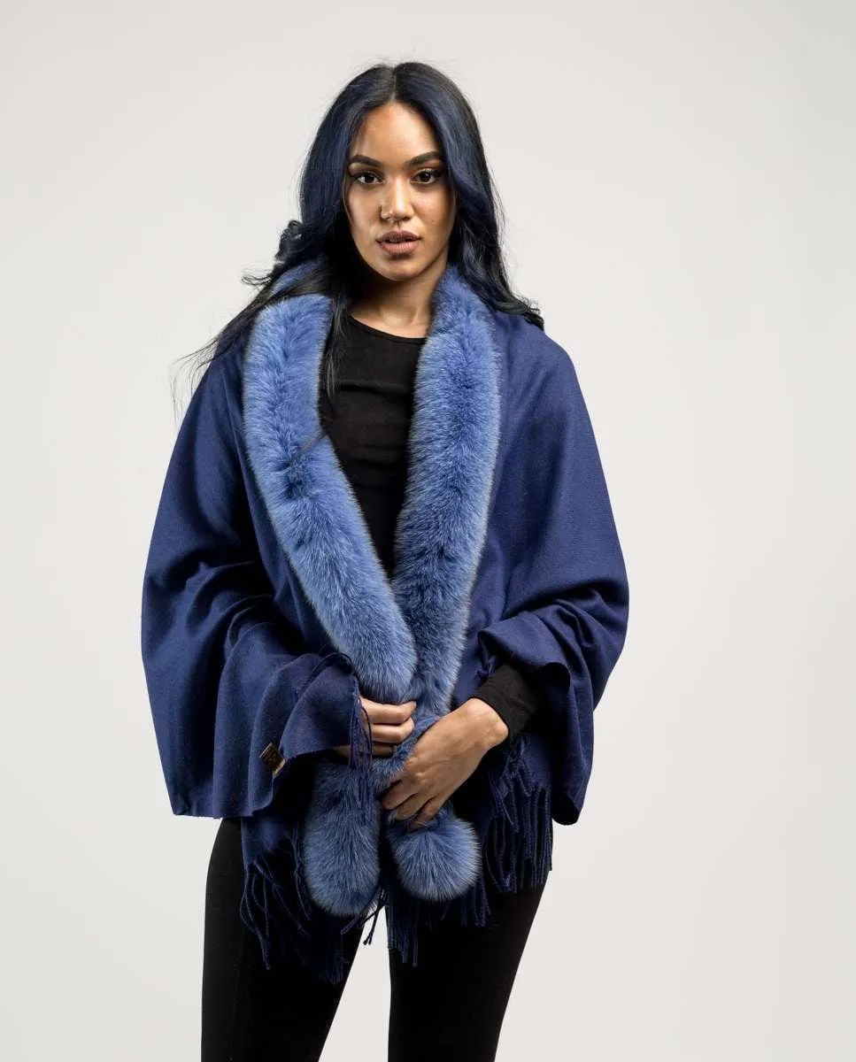 

Женская шершавая накидка с лисьим воротником De la Roca, синий