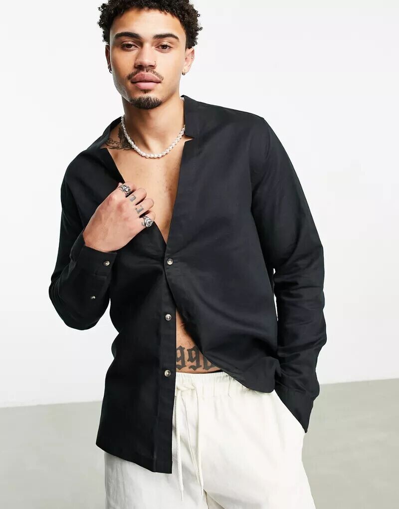 

Черная льняная рубашка с глубоким вырезом ASOS
