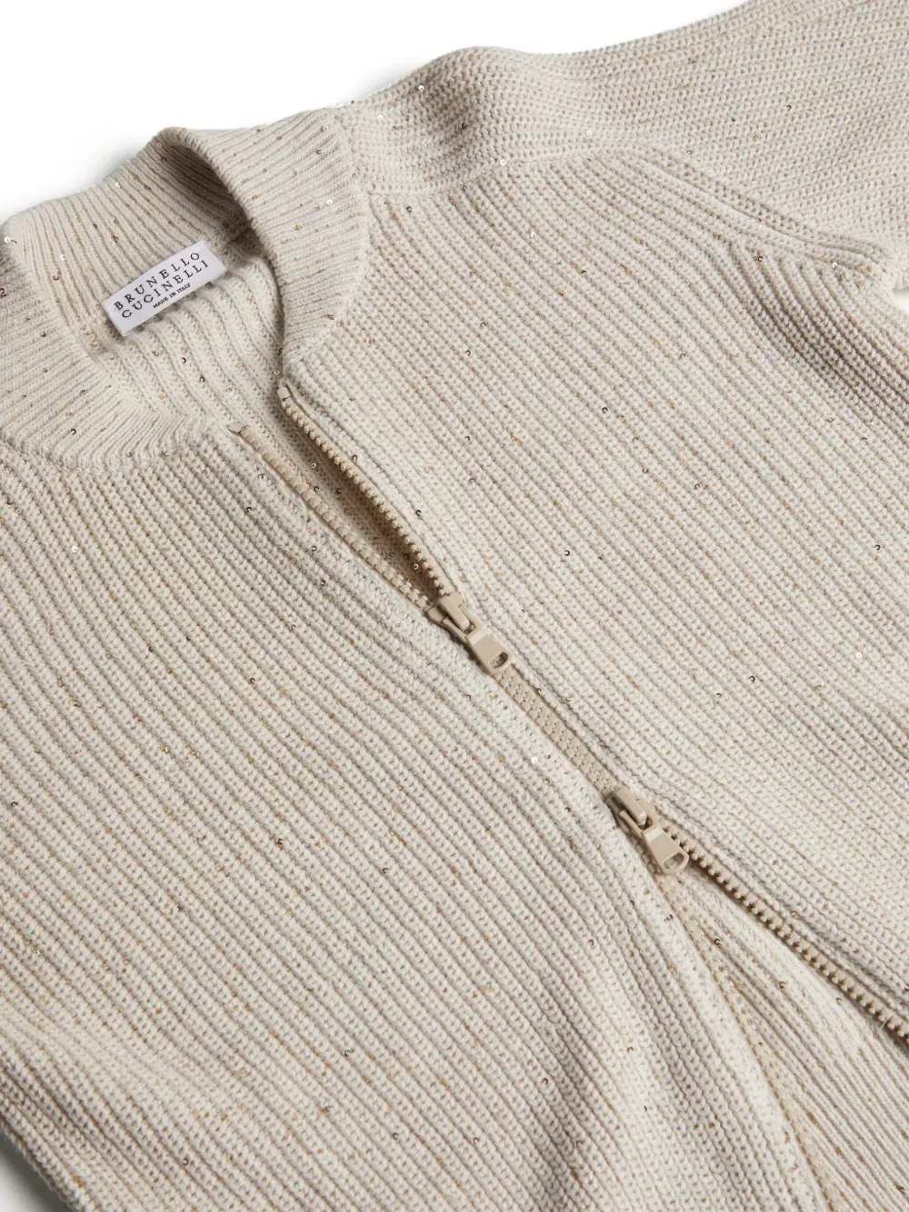 Кардиган в рубчик с эффектом металлик Brunello Cucinelli Kids, бежевый — фото 3