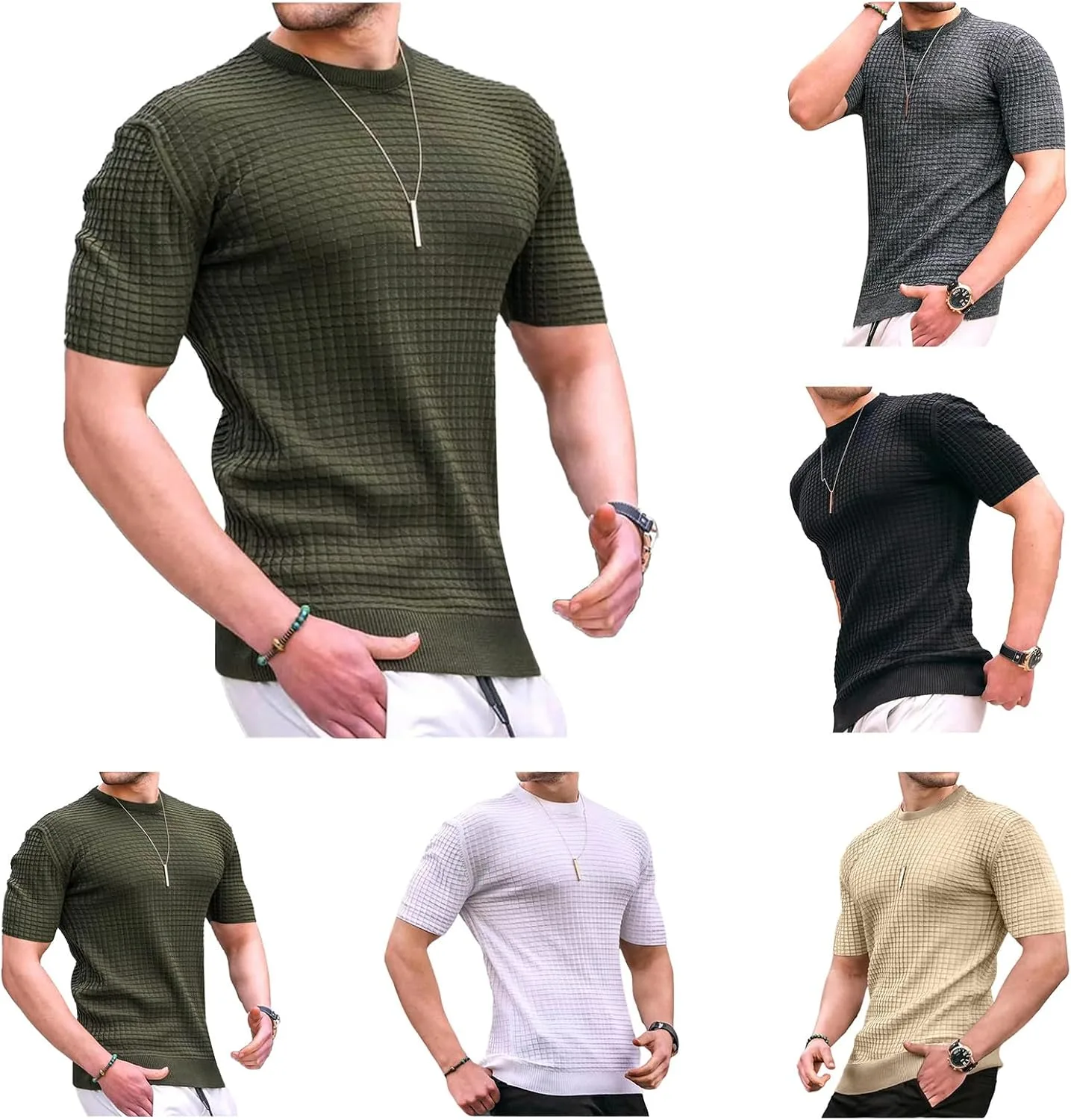 

Футболка мужская с коротким рукавом Casual Plaid Crewneck Jacquard Thatrich