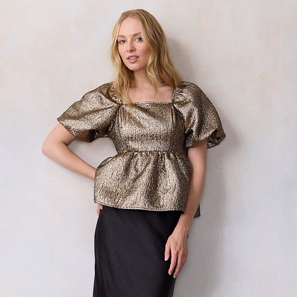 

Топ с пышными рукавами и баской Lc Lauren Conrad, Metallic Gold Brocade