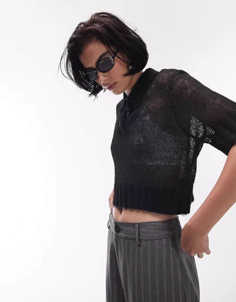 

Черная прозрачная трикотажная рубашка-поло Topshop