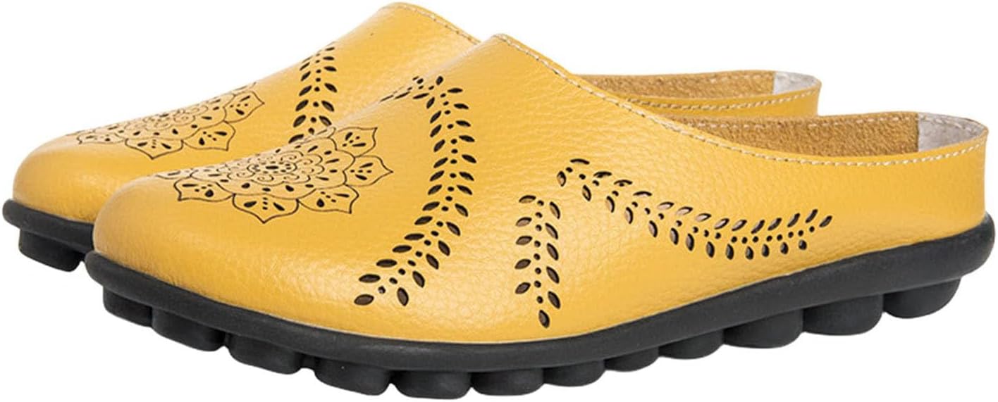 

Повседневные сандалии-тапочки с вырезами для женщин, удобные дышащие мюли, летние балетки, комфортные лоферы на плоской подошве, кожаные слипоны-лоферы Generic, желтый
