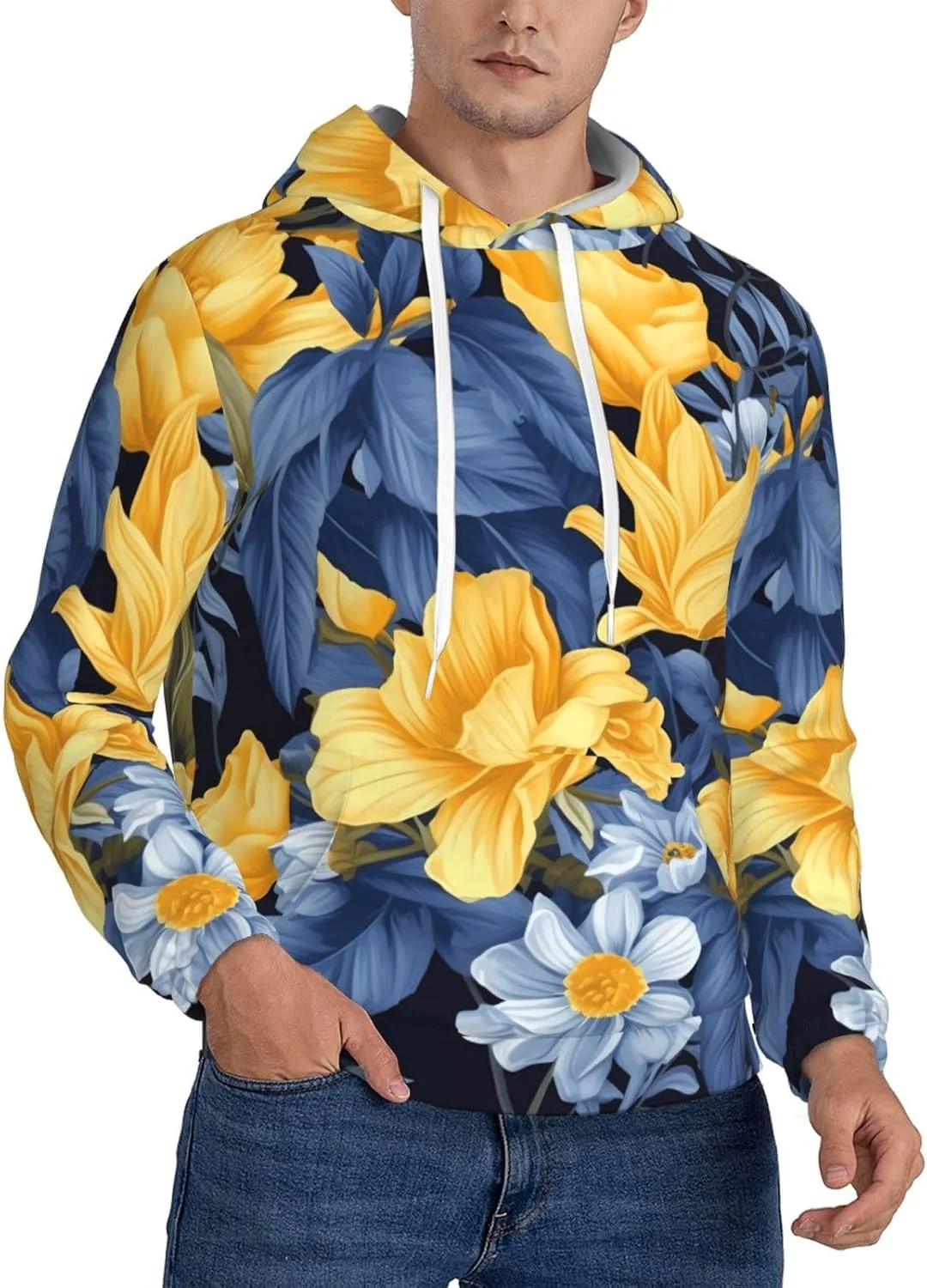 

Мужская флисовая толстовка с капюшоном, синяя с желтым цветочным принтом KKLWEGU