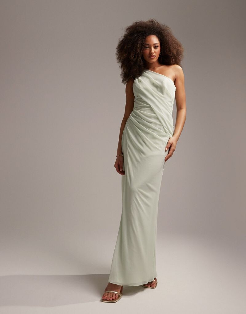

Шалфейное платье макси с драпировкой на одно плечо и разрезом ASOS DESIGN Bridesmaids