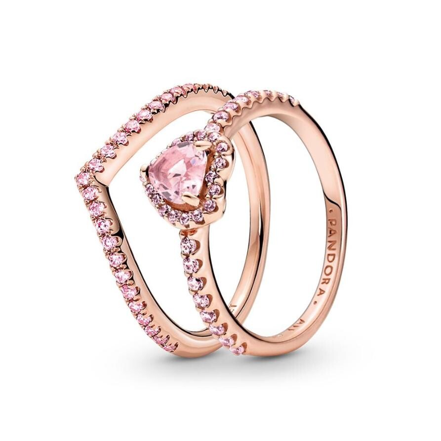 

Подарочный набор Pandora Sparkling Pink Heart Wishbone Ring Set, покрытие - розовое золото