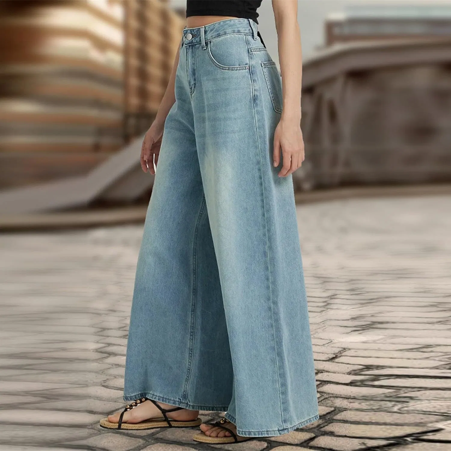 Джинсы свободные, High Waisted, светло-синие — фото 4