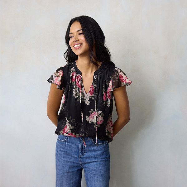 

Блузка с рюшами и завязкой спереди Lc Lauren Conrad, Black Nero Blooms