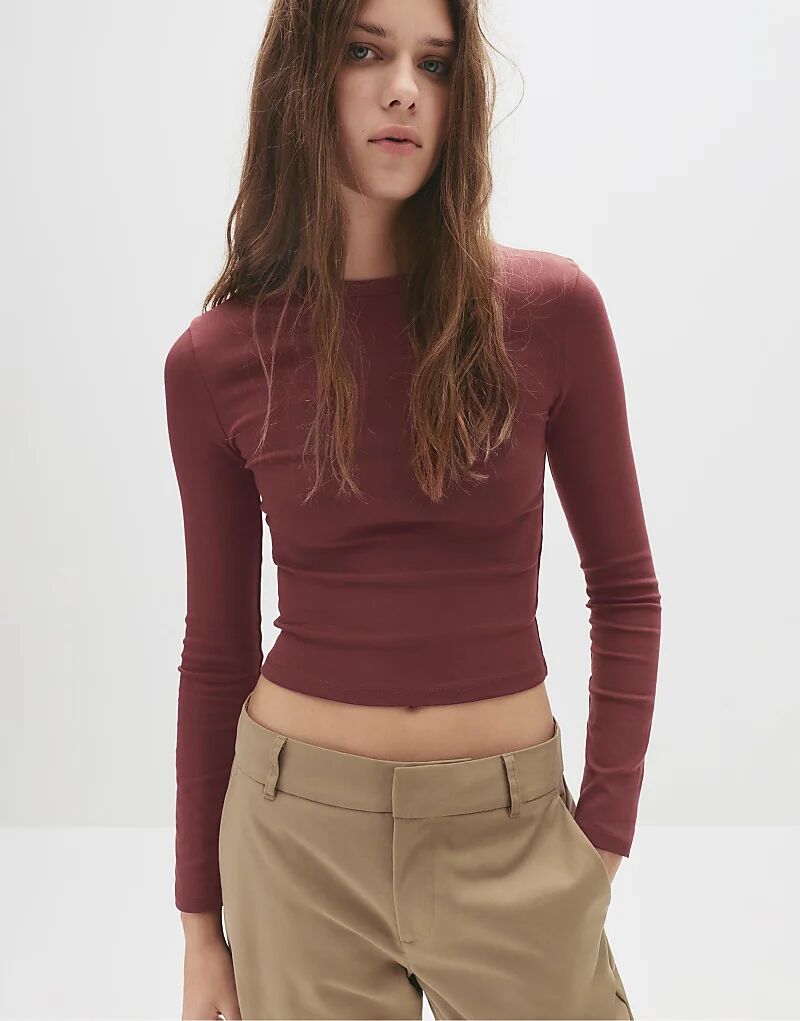 

Лонгслив Pull&Bear Fitted с длинными рукавами бордового цвета