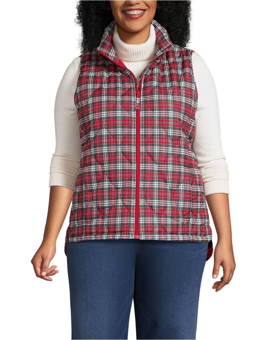 

Утепленный стеганый жилет больших размеров с принтом и перьями Lands' End, Rich red plaid
