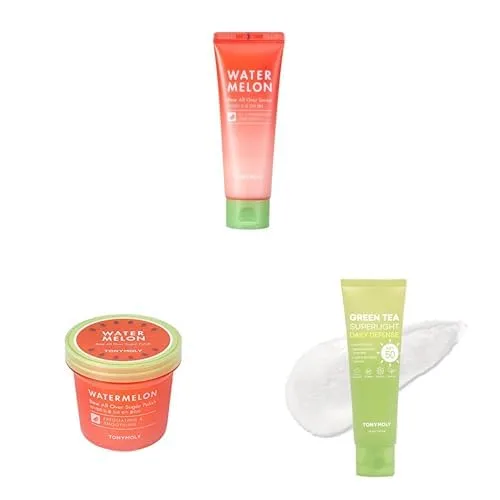 Сыворотка для лица и тела TONYMOLY Watermelon Dew, 113 мл + Сахарный скраб для тела Watermelon Dew, 283 мл + Корейский солнцезащитный крем для лица с зеленым чаем, SPF 50, 50 мл, GREEN