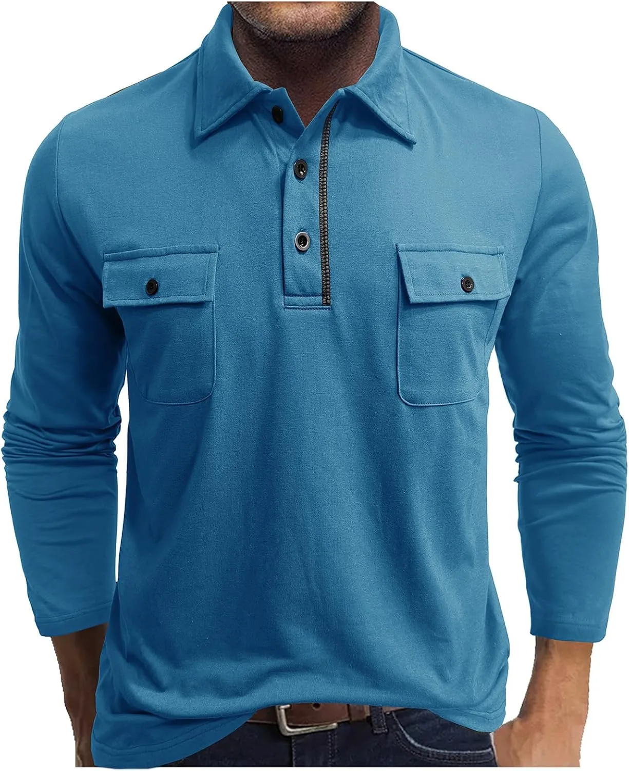 

Ретро поло для мужчин с нагрудными карманами, длинный рукав, Slim Fit Thatrich