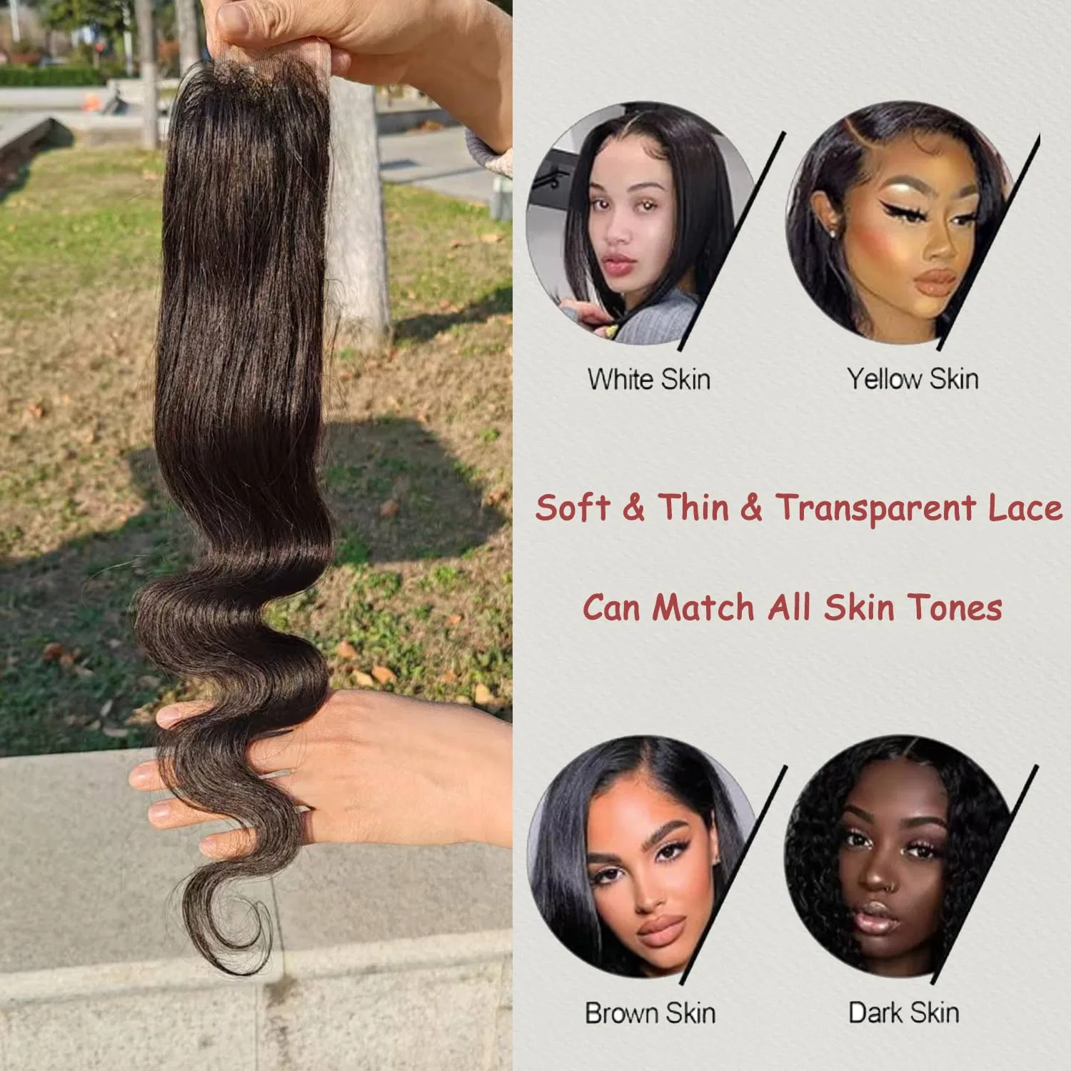 Накладные волосы 2x6 Closure Human Hair Body Wave, 100% натуральные Arenshxc, Natural Black 2X6 Closure Body — фото 2