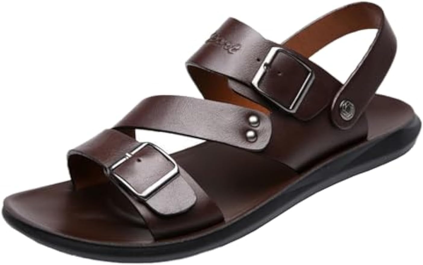 

Мужские сандалии BOTRENT из кожи с пряжкой, повседневные плоские с регулировкой двойного использования, сандалии на липучке для пляжа, открытый носок, противоскользящие, мягкие и удобные, коричневый
