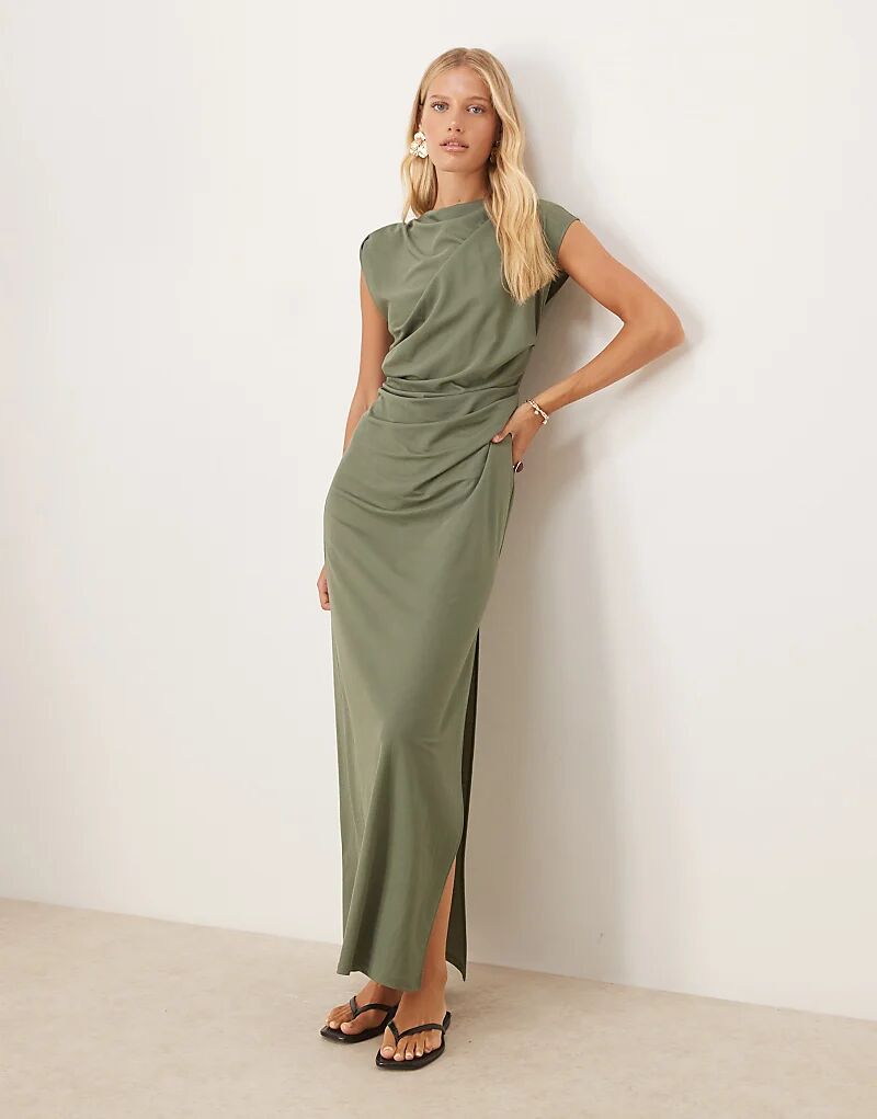 

Платье миди ASOS DESIGN цвета хаки с драпировкой и перекрученными плечами, имитирующим льняной материал