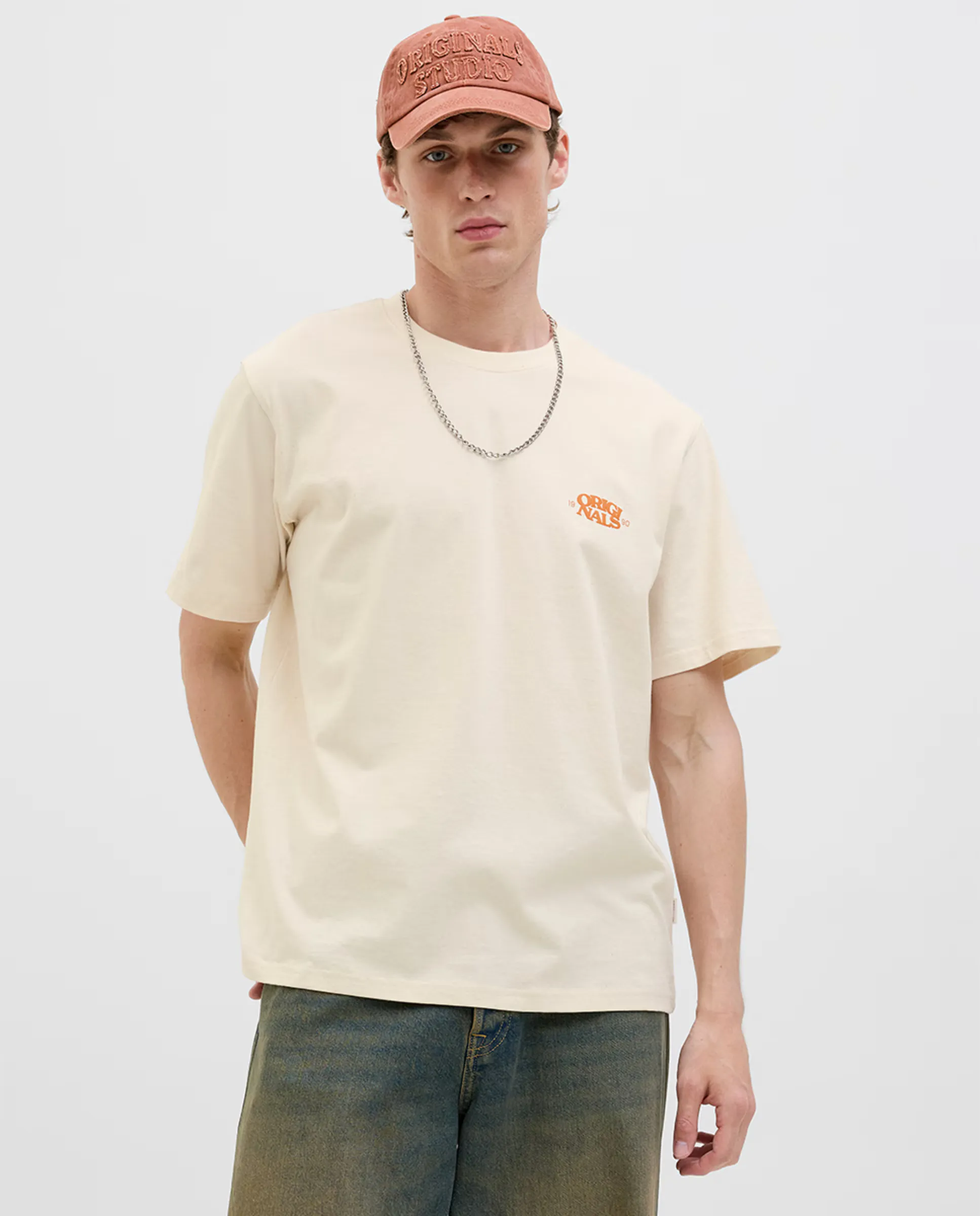 

Мужская футболка с коротким рукавом, боковым принтом и принтом на спине Jack & Jones, кремовый
