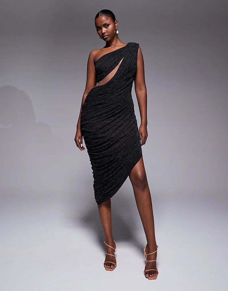 

Платье миди JLUXLABEL Aura на одно плечо с драпировкой и асимметричным вырезом из черного блестящего материала
