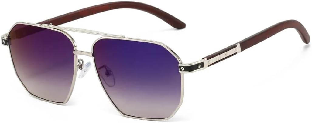 

Мужские солнцезащитные очки с текстурой дерева, двойной металлической оправой, защитой от УФ-излучения UV400, большой оправой, для повседневного ношения и путешествий TVTBBVV, Silver Gray Blue