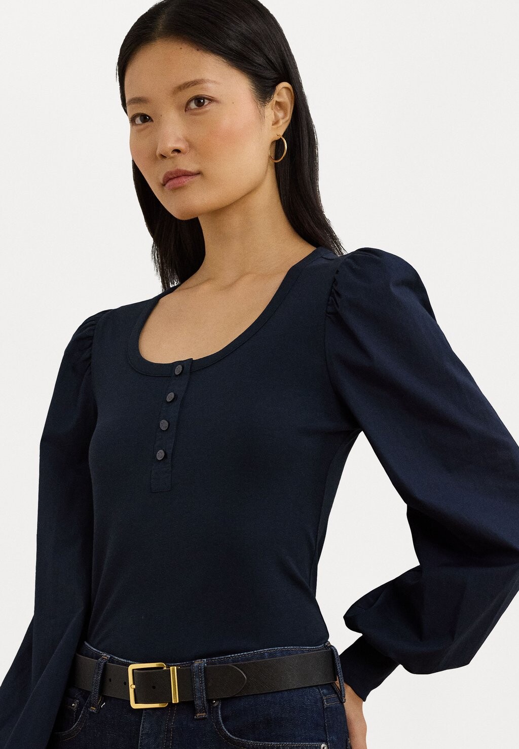 

Топ с длинными рукавами STRETCH COTTON PUFF SLEEVE HENLEY TOP Lauren Ralph Lauren, темно-синий