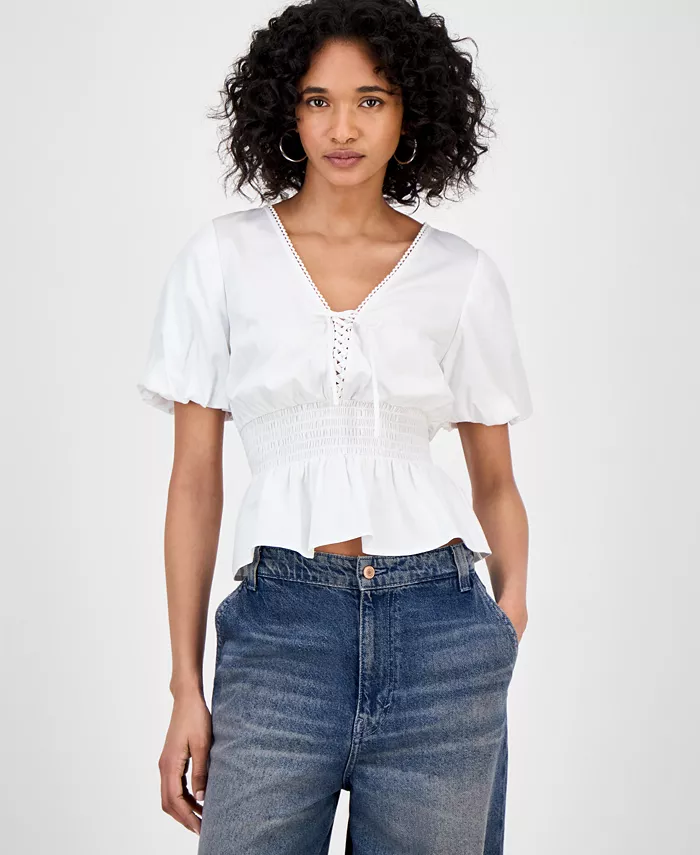 

Женский топ с баской и рукавами-фонариками GUESS, белый