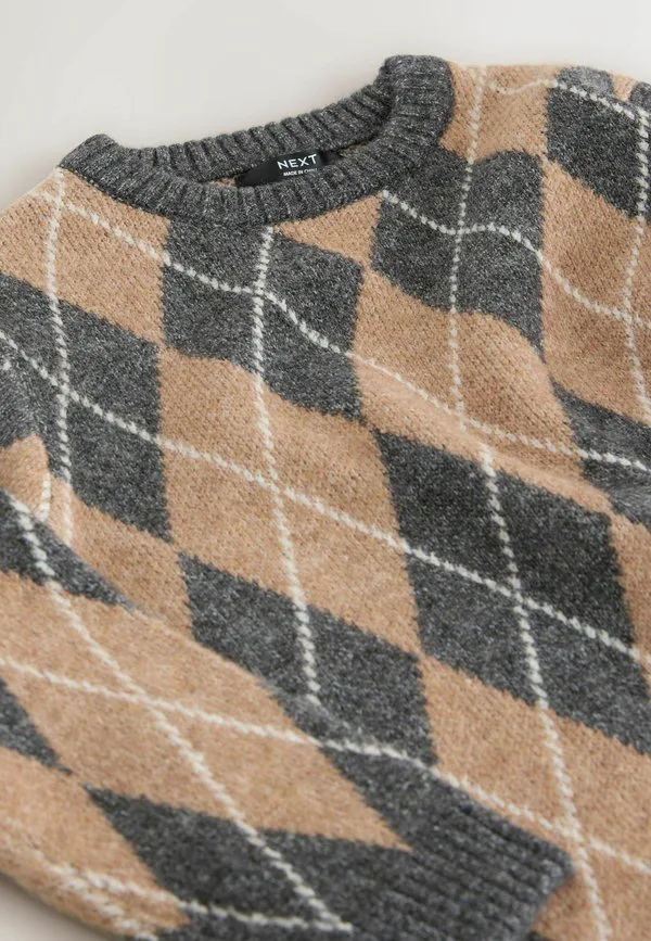 Джемпер с круглым вырезом, стандартного кроя. Next, Charcoal Grey/Tan Brown Argyle — фото 2