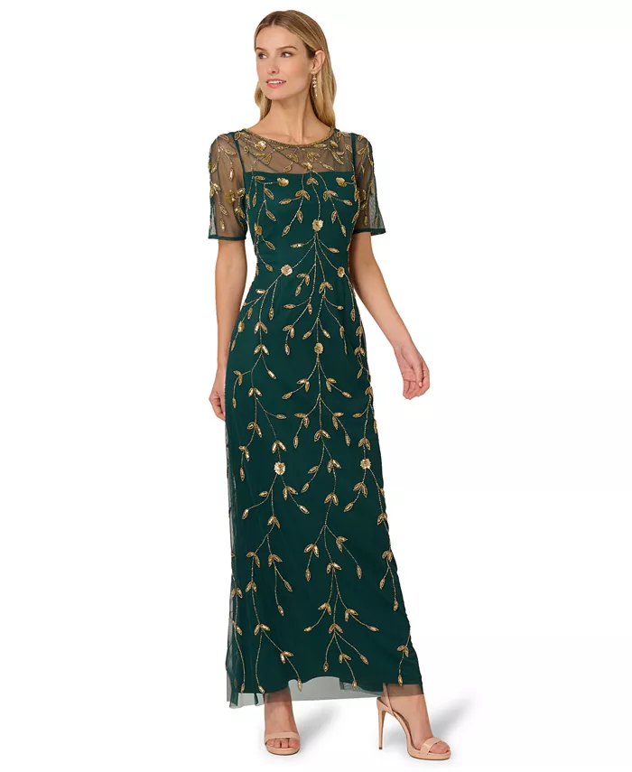 

Женское длинное платье с принтом и сеткой из бисера Adrianna Papell