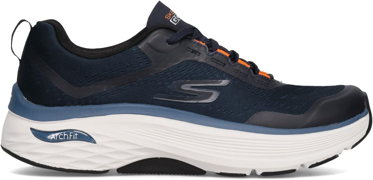 Мужские кроссовки Skechers Max Cushioning Arch Fit - для тренировок, бега и ходьбы с амортизирующей подошвой и дышащей пеной, темно-синий/оранжевый — фото 3