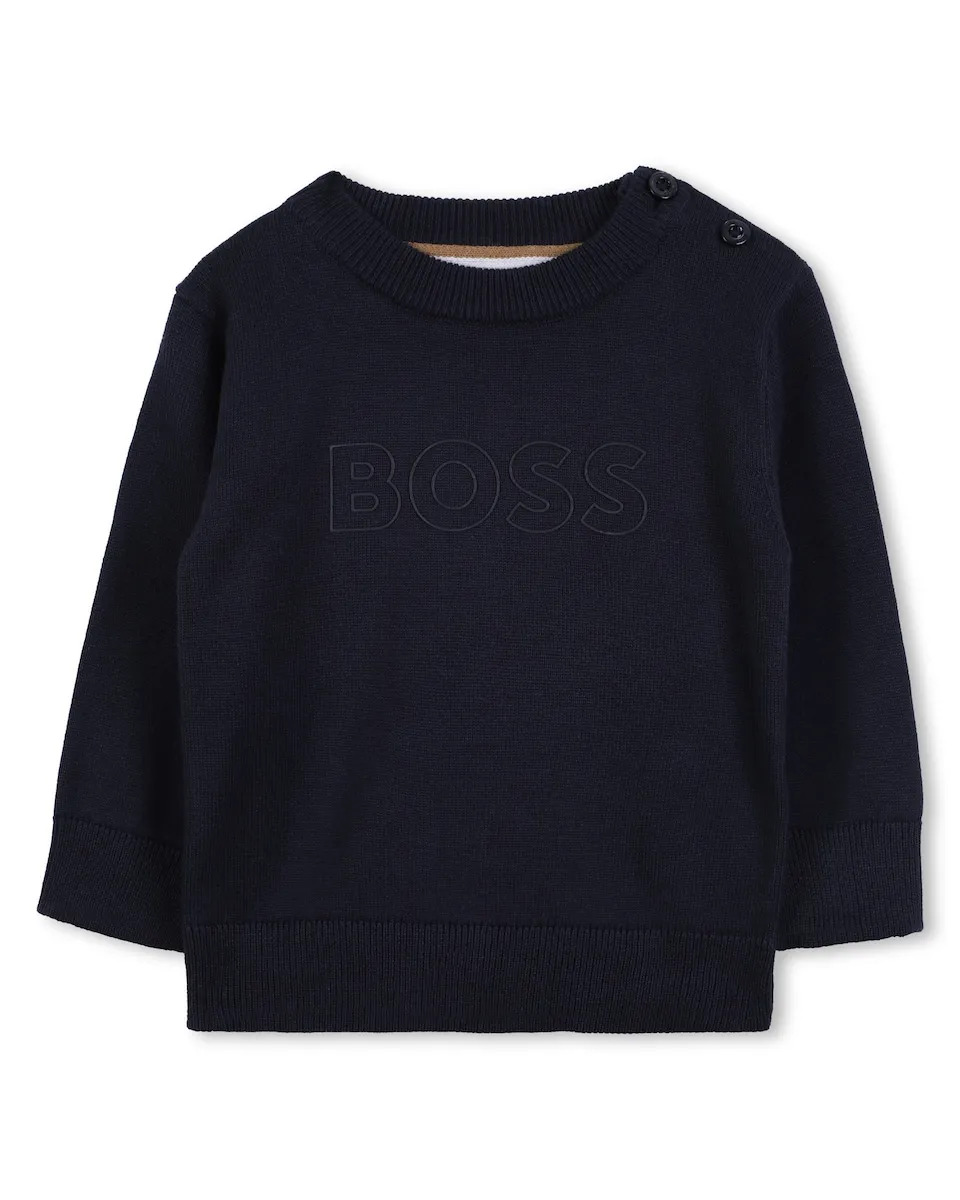 

Детский хлопковый джемпер с логотипом спереди BOSS Kidswear, темно-синий