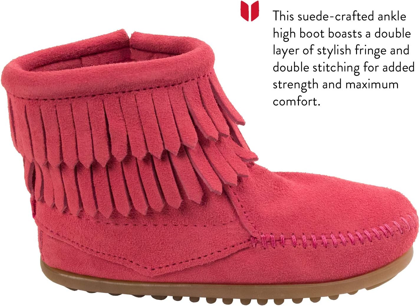 Детские ботинки Minnetonka с двойной бахромой и боковой молнией, Little Kid (4-8 Years) Pink — фото 2
