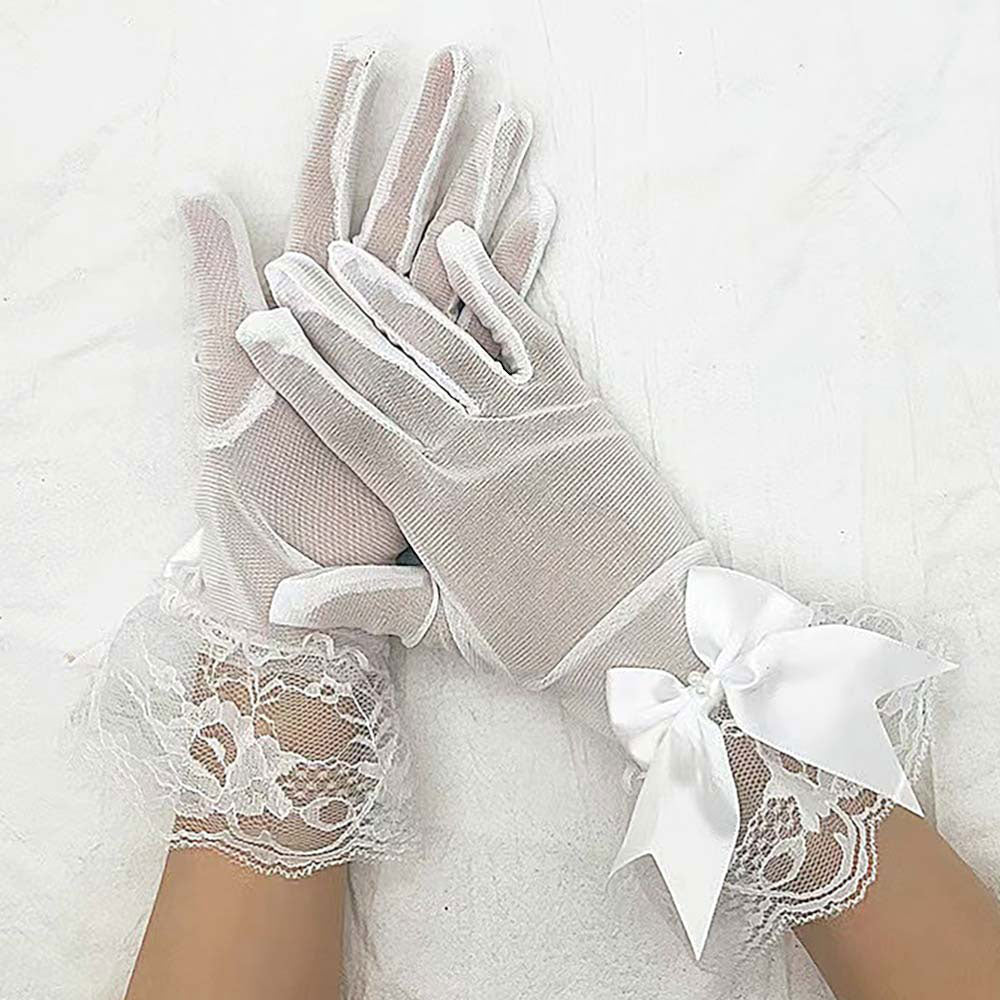 

Нарядные прозрачные кружевные перчатки с атласной отделкой бантом Fashnzfab, белый