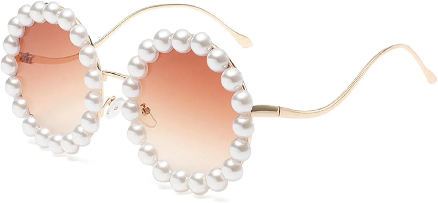 

mincl/Винтажные круглые жемчужные солнцезащитные очки для женщин, роскошная оправа из сплава, увеличенного размера, очки для вечеринок, ретро-очки, Gradient Brown