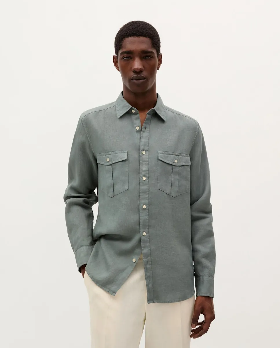 

Мужская льняная рубашка с длинными рукавами и карманами Scalpers, хаки