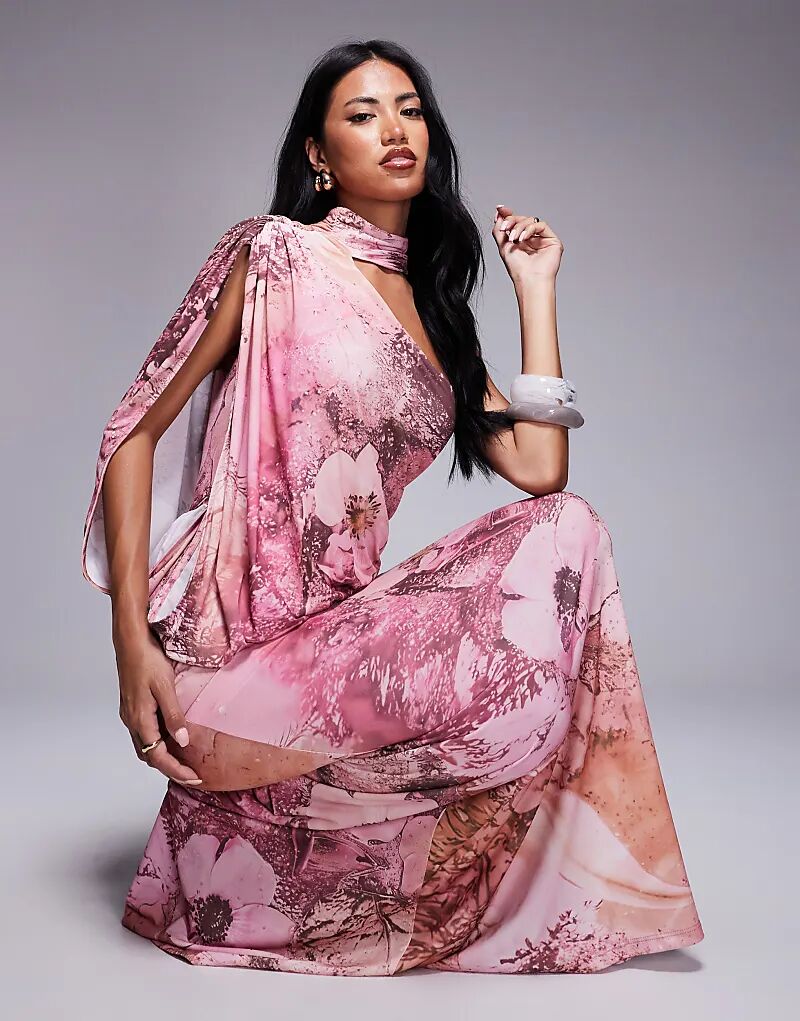 

Платье макси ASOS DESIGN на одно плечо с драпировкой и накидкой с цветочным принтом