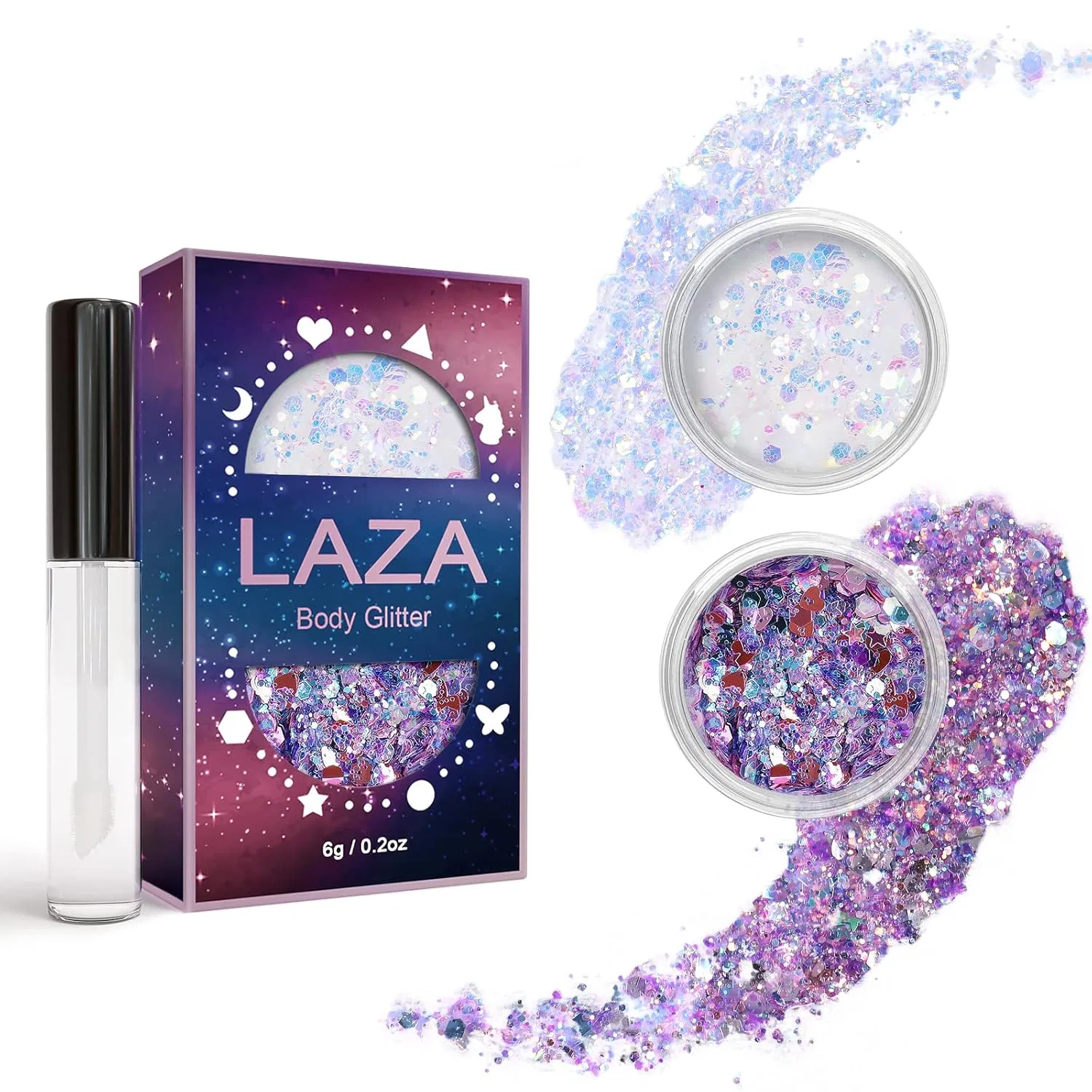 Глиттер для тела Laza с блестками и клеем, фиолетово-белый Laza, Fantasy Purple White