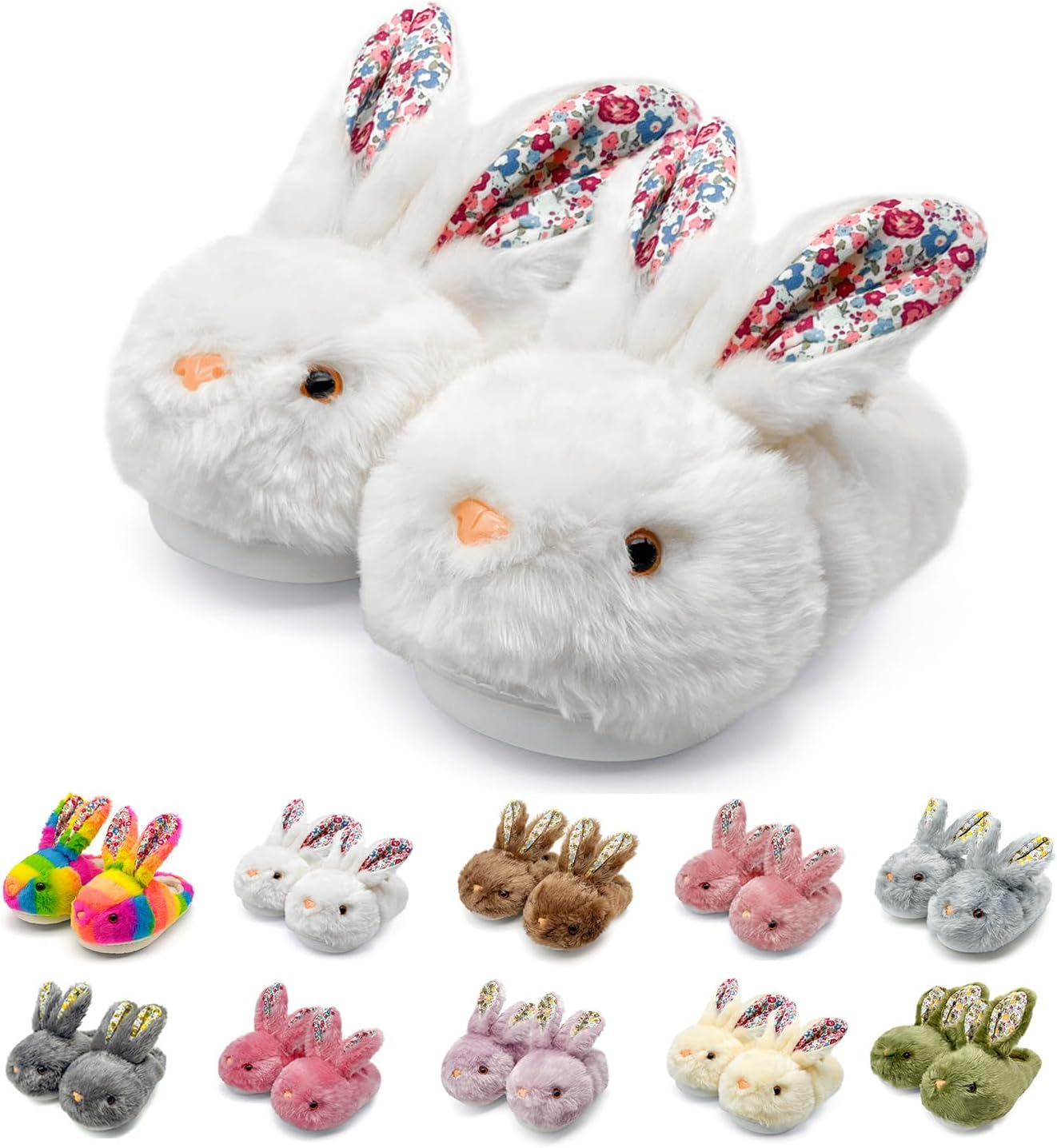 

Женские пушистые тапочки с ушками кролика и цветочным принтом, плюшевые тапочки-зайчики для дома, большие размеры, хлопковые, милые домашние зимние тапочки с нескользящей подошвой для мужчин, девушек и подростков Sutexle, белый