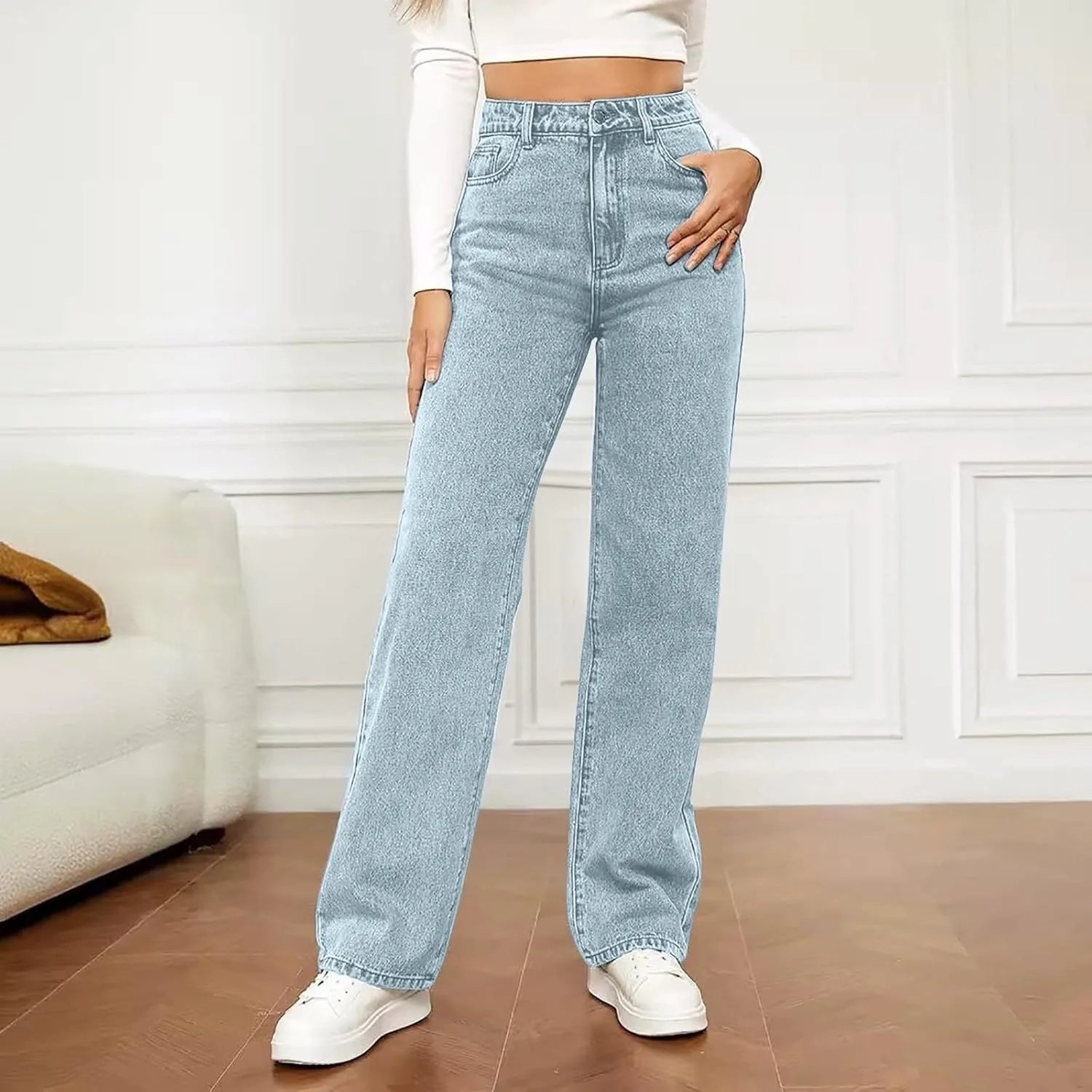 Джинсы женские wide straight leg high waisted stretchy — фото 2