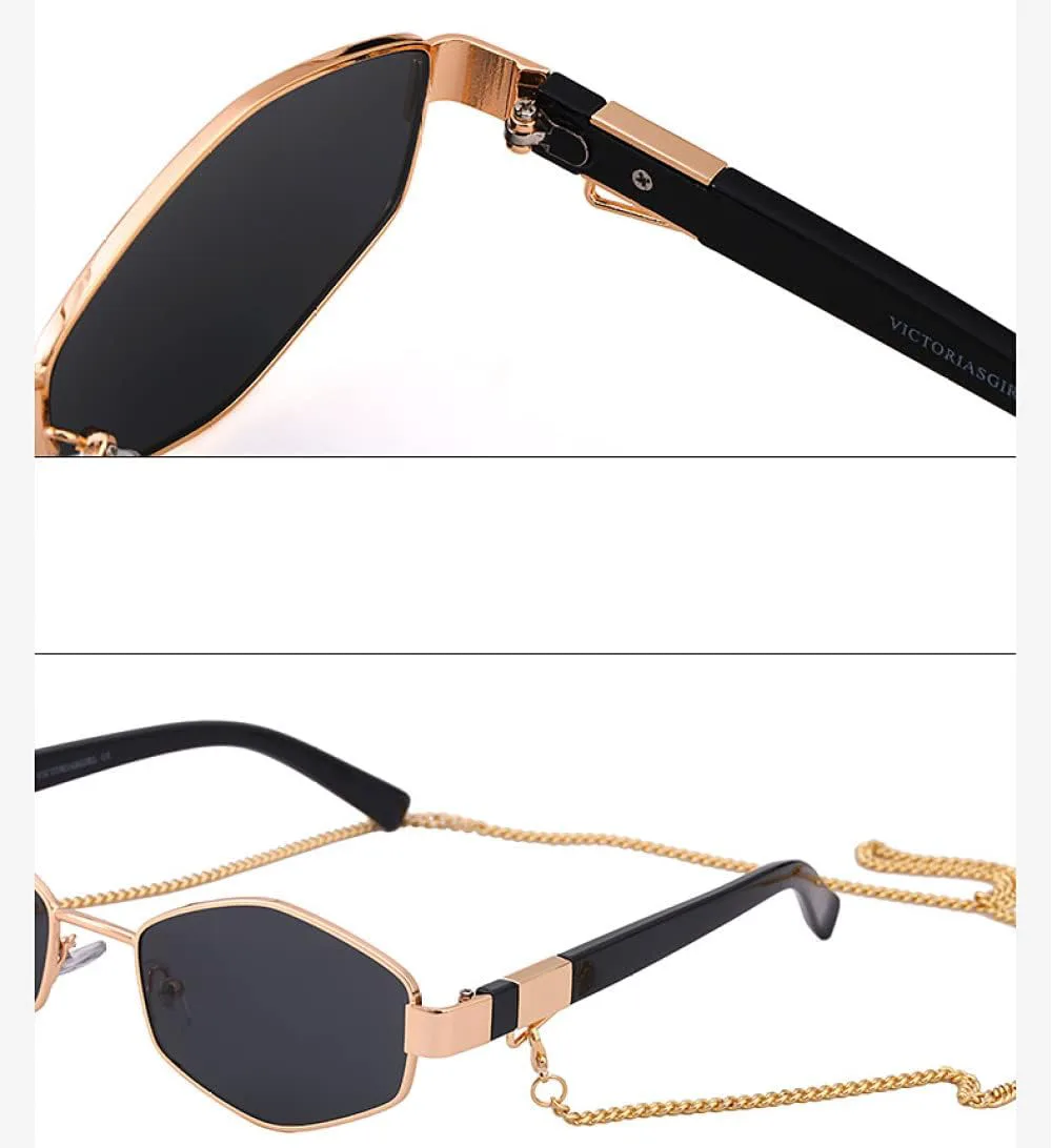 

Модные ретро-солнцезащитные очки в форме шестиугольника с цепочкой для женщин. Уникальные многоугольные солнцезащитные очки для женщин в маленькой оправе MTZJH, Brown