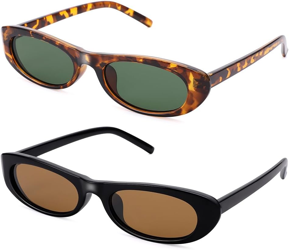 

Солнцезащитные очки SCVGVER овальной формы для женщин и мужчин, узкие солнцезащитные очки в стиле 90-х, миниатюрные ретро-очки, защита от УФ-излучения UV400, Tortoiseshell Frame - Green Lens + Black Frame - Brown Lens